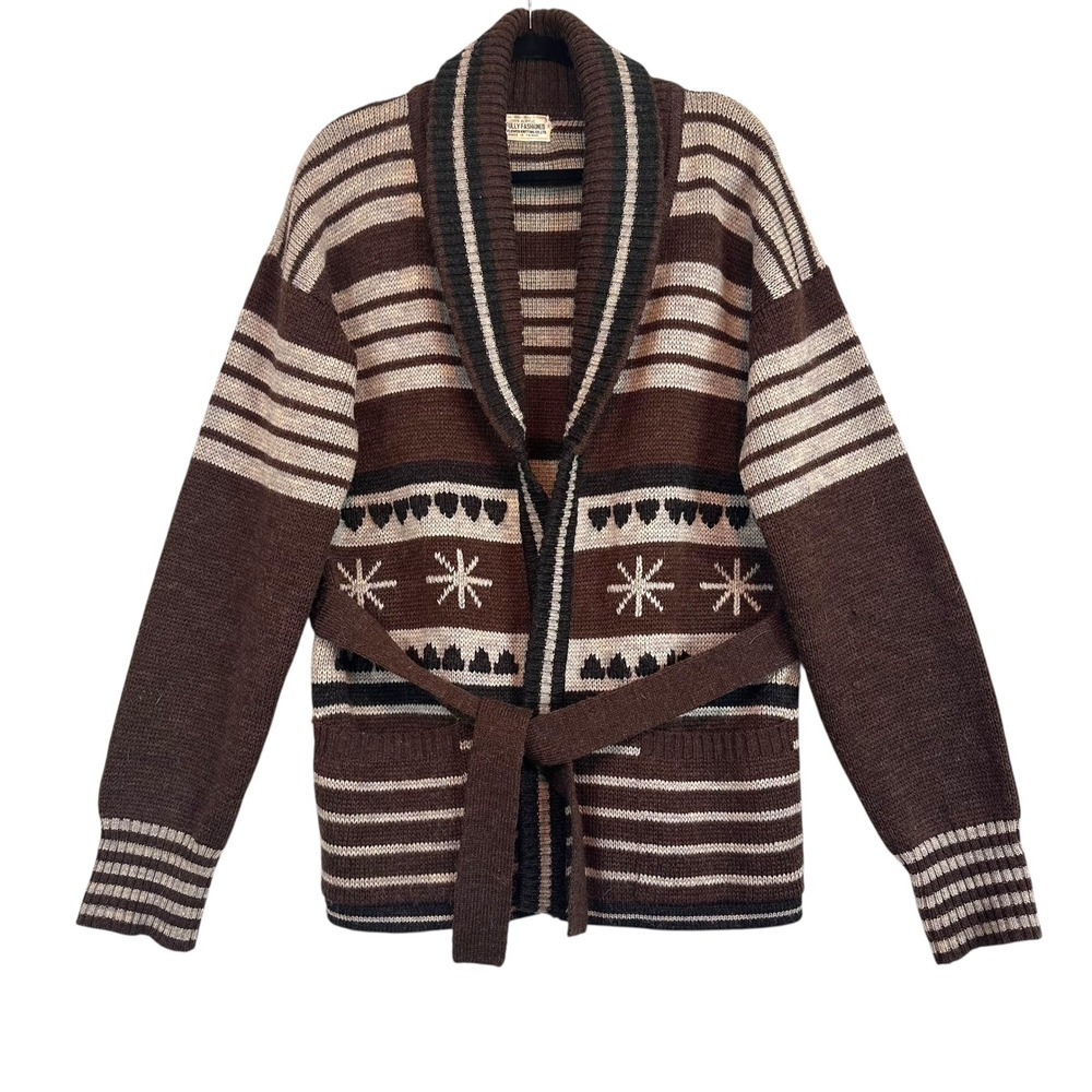 Fair Isle Cardigan Sweater Belted Chunky Knit Vintage Grandpa Unisex M - Picture 1 of 10